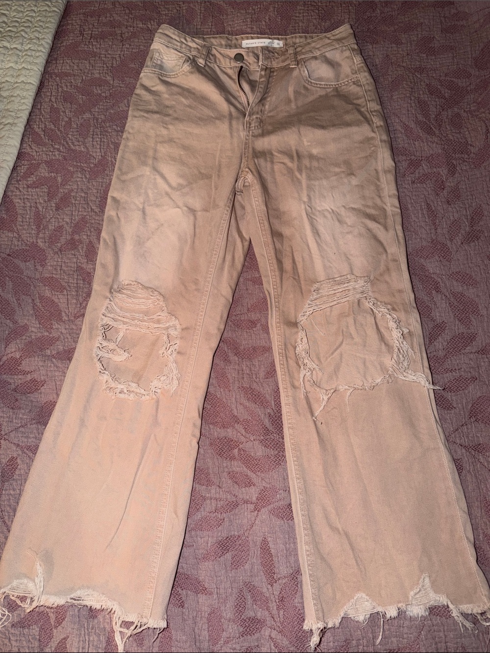 Altar'd State Distressed Wide-Leg Jeans in Light Tan